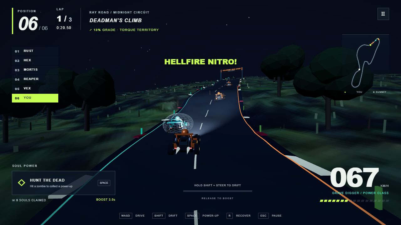 Grave Digger kart racing up the Ray Road mountain at night